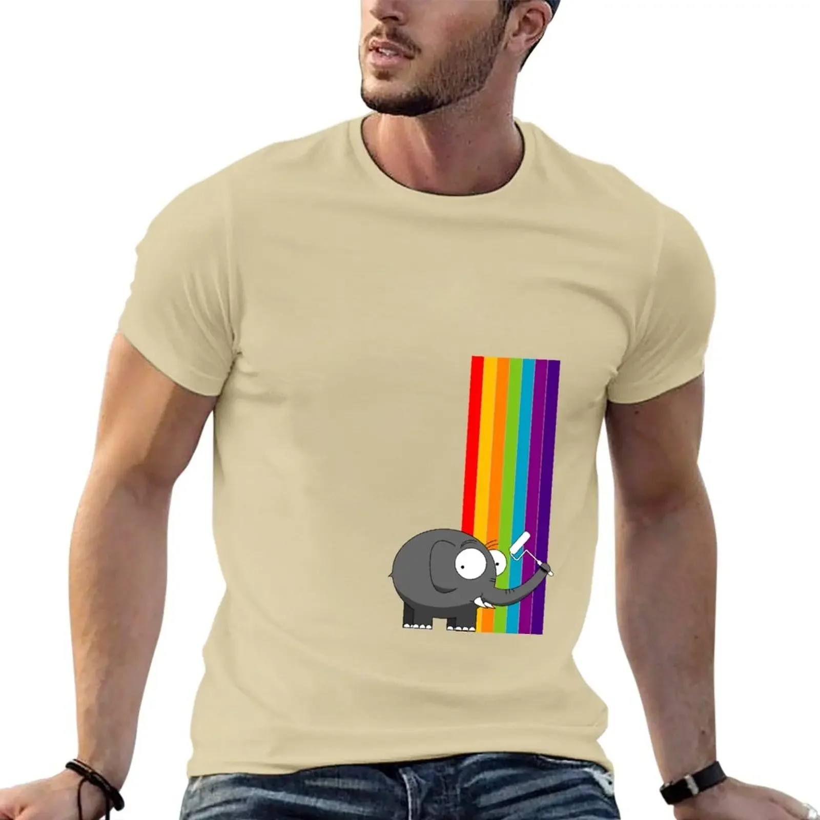 T-Shirt New Rainbow elephant t shirts mens casual stylish plain funny custom Short Sleeve Cotton Male printing Casual Informal