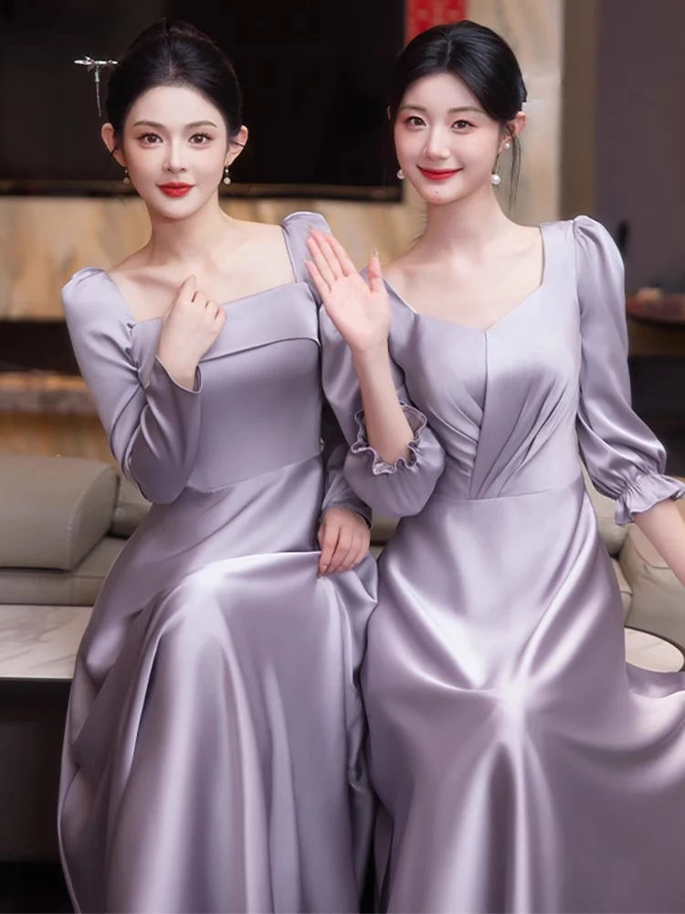 

Фиолетовое атласное вечернее платье с длинными рукавами в корейском стиле для подружек невесты, сестер, для вечеринок, для гостей на свадьбу
