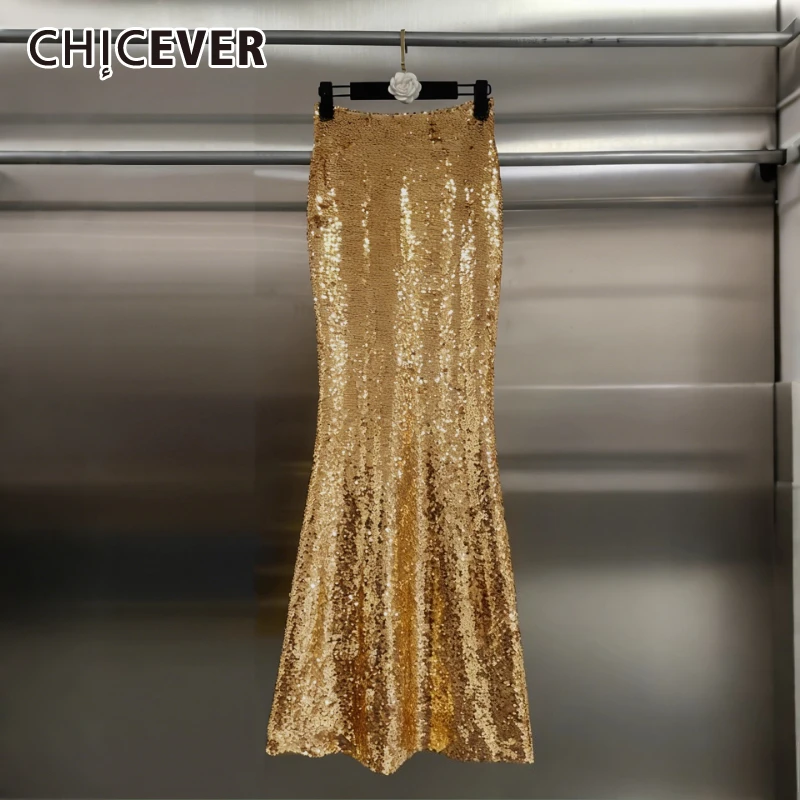 

CHICEVER темпераментная юбка с золотыми пайетками, женская свободная легкая юбка с высокой талией, роскошные женские длинные юбки, осенний модный стиль