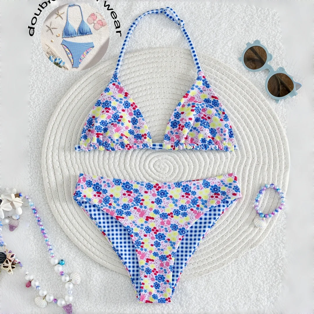 

Tween Girl's Two Piece Bikini Swimsuit Sets Floral And Plaid Cute Casual Kids Girl Swimwear for 8-12Y Bathing Suit Beach Wear