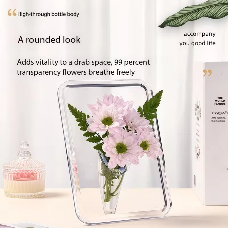 Modern Clear Acrylic Vase, Heavy Rectangular Frame Flower Vase, Minimalist Desktop Decor for Home Office, Fits Fresh & Artificia