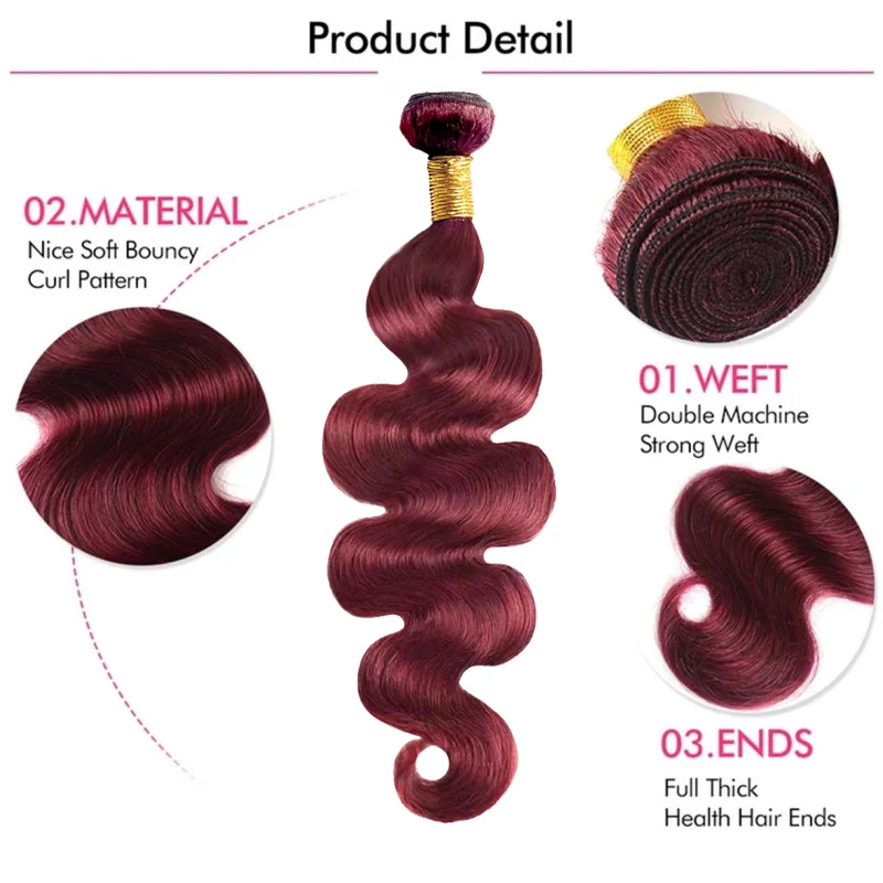 Bundles de cheveux humains Body Wave Bourgogne pour femme, cheveux vierges brésiliens, extensions de tissage, 99J, 3 faisceaux, 100% cheveux humains