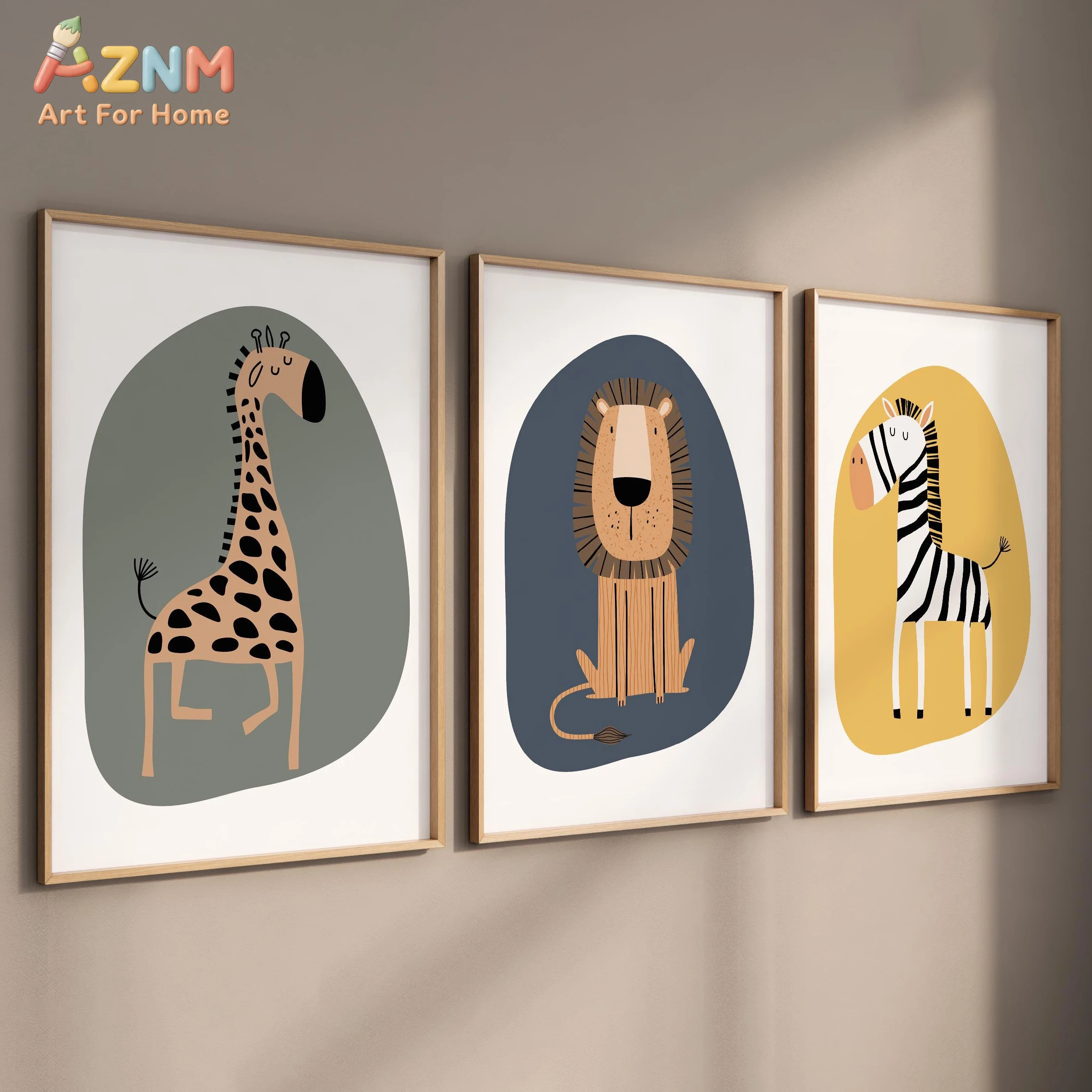 3pcsAZNM Cute Watercolor Safari Lion Giraffe Elephant Cartoon Canvas Wall Art Warm Neutral Style Unframed Cotton Painting Waterp
