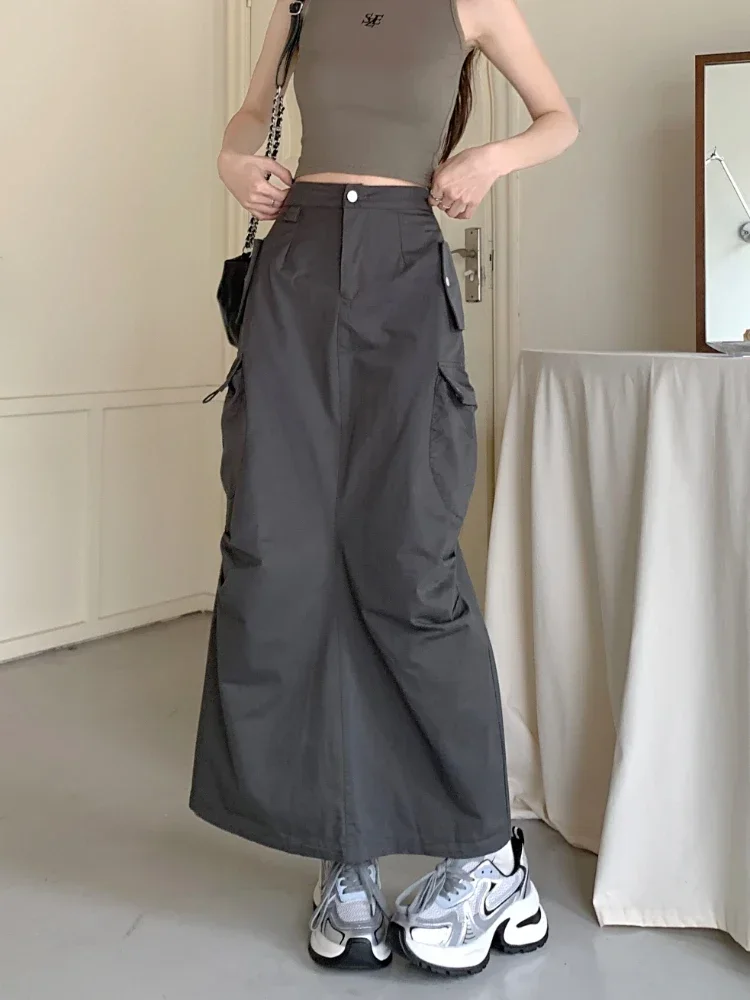 Women Tooling Style Skirts Summer New A-shaped High Waisted Thin Quick Drying Extended Version Half-length Casual Solid Dresses