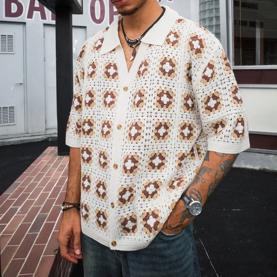 

Men's Short Sleeve Summer Fashion Mesh Cardigan Lapel Top Printing Soft Breathable Light Polo Knitwear Men US Size