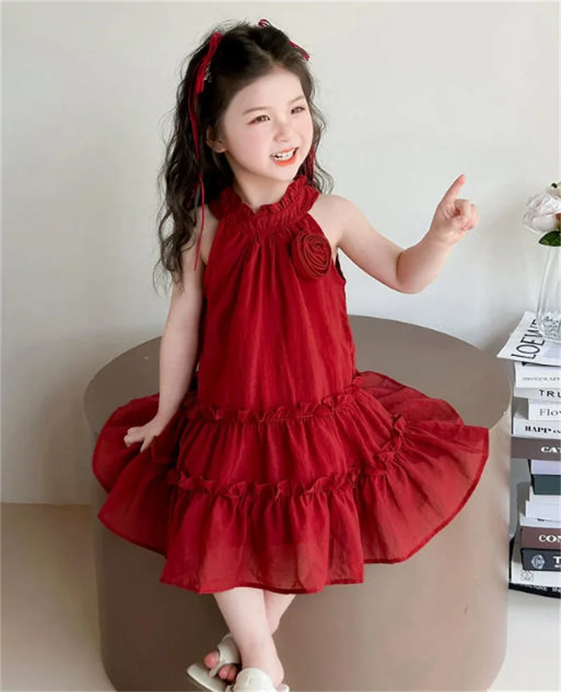 Kids Elegance Dresses Girls 3D Flower O-Neck Sleeveless Skirt Children Gentle Birthday Party Performance Gown 2-8 Years Old