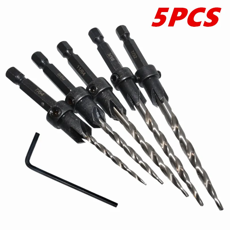 Set Of 5, Countersink Set, Countersink HSS Conical Countersink With 1 Hex Wrench, Woodworking Countersink Bit, 7/64\