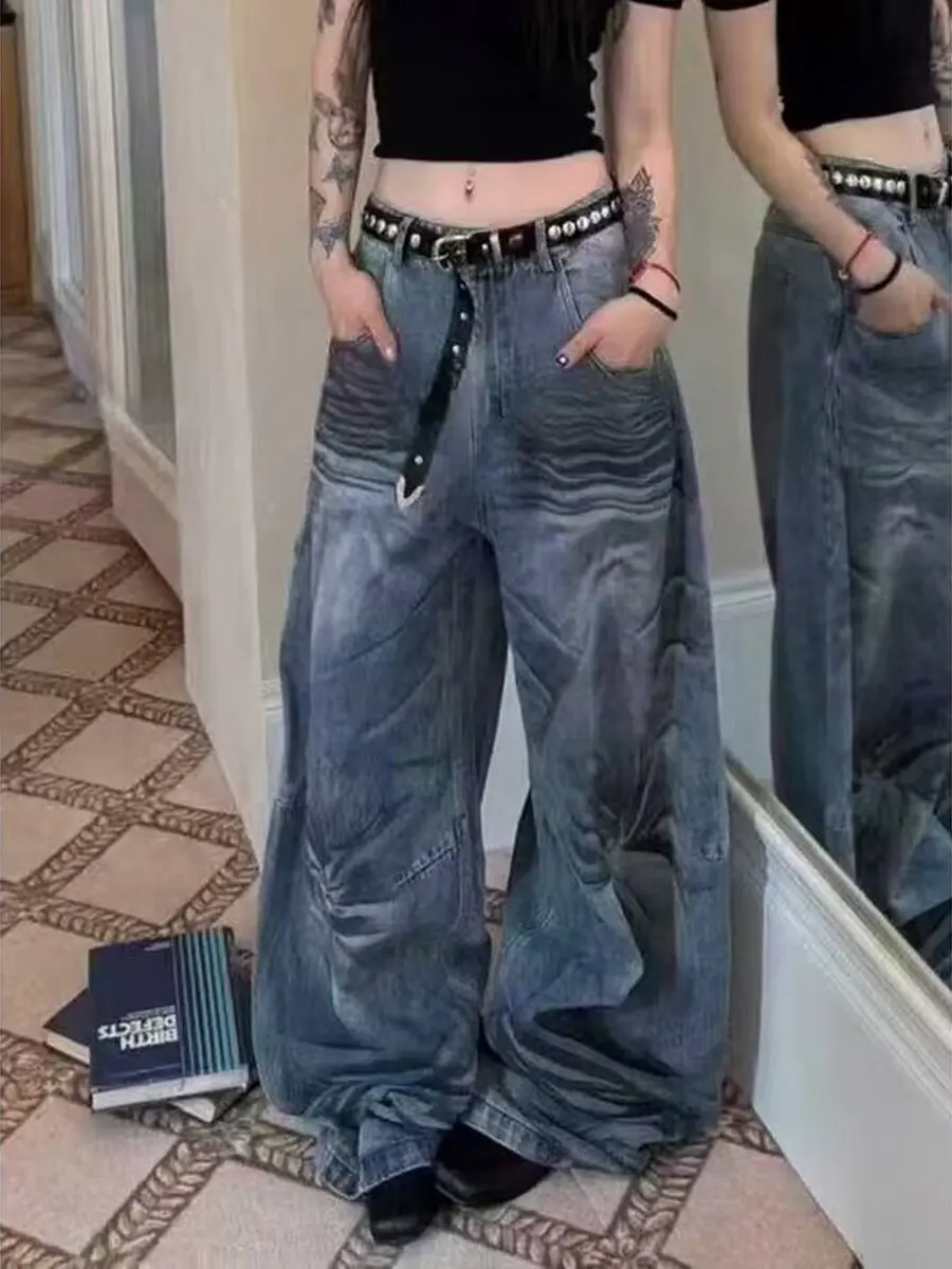 

Винтажные американские уличные джинсы больших размеров, женские джинсы, свободные широкие брюки, повседневная одежда с эффектом похудения