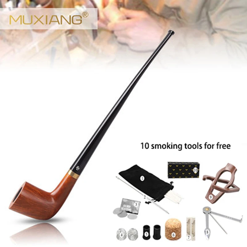 MUXIANG New Wooden Long Smoking Pipe Churchwarden Handmade Briar Wood Tobacco Pipe 10 Tools Free Set Smoking Accessories Father