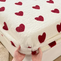 WOSTAR Winter thermal plush fitted sheet elastic mattress cover red heart printed warm coral fleece bed linens queen king size