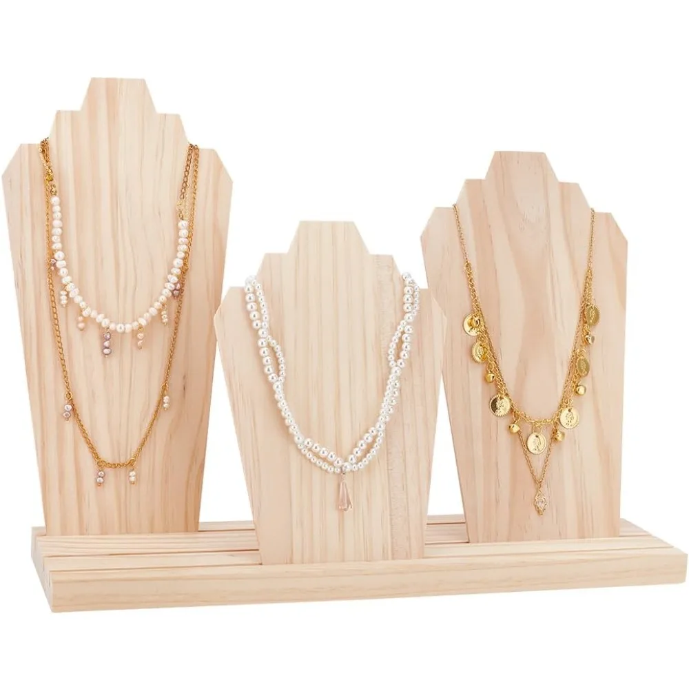 Wood Necklace Display Stands with 3-Row Holder and 3 Removable Displays Wood Plank Necklace Storage Holder Bust Easel