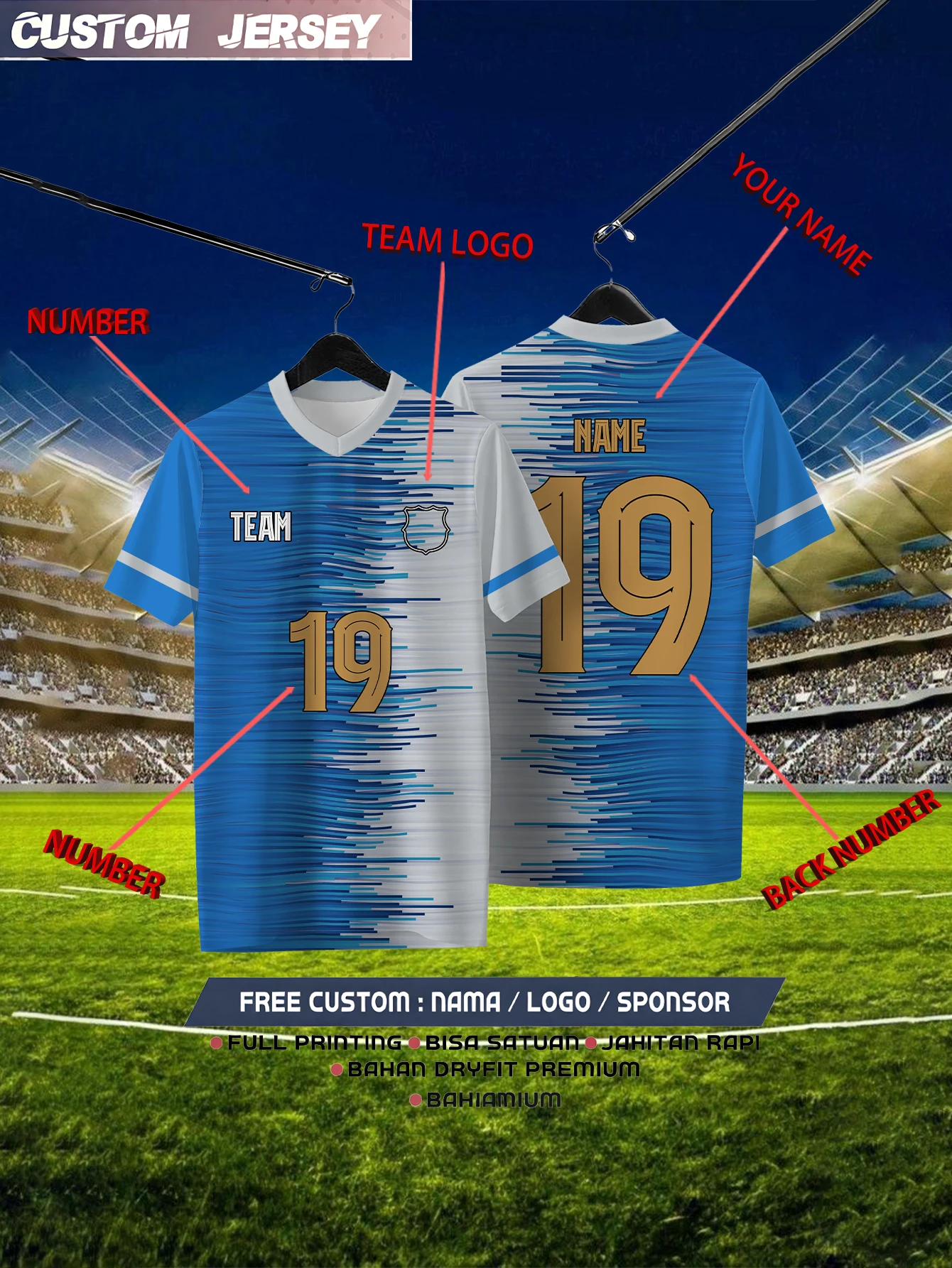 

Customized Geometric Blue Short Sleeved Shirt with Team Name, Emblem, Name and Number, Outdoor Sports Short Sleeved T-shirt