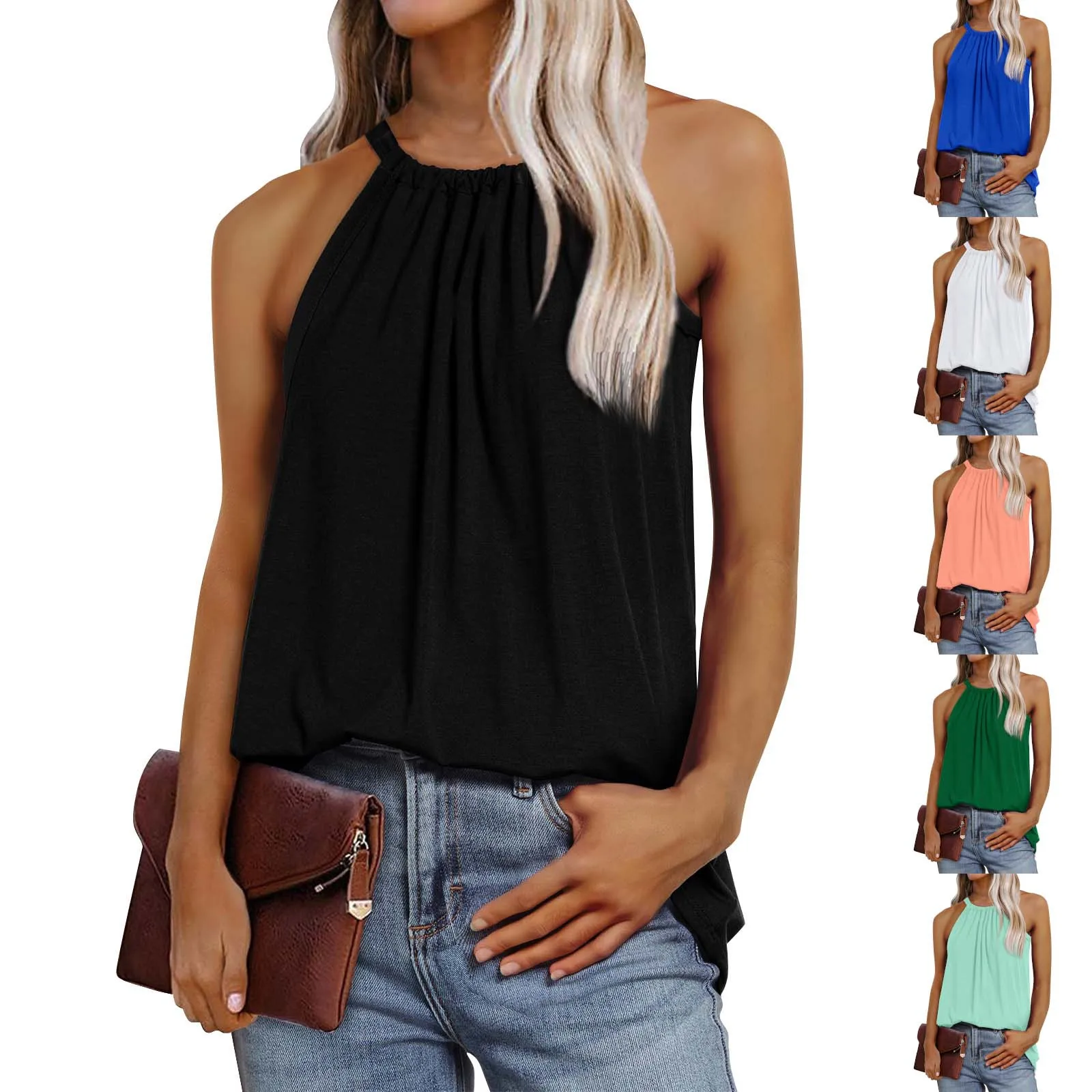 Halter Top Shirt Sleeveless Loose T Shirt Women Loose Vest Summer Sleeveless Tops Pleated Women's Fashion Casual Flowing