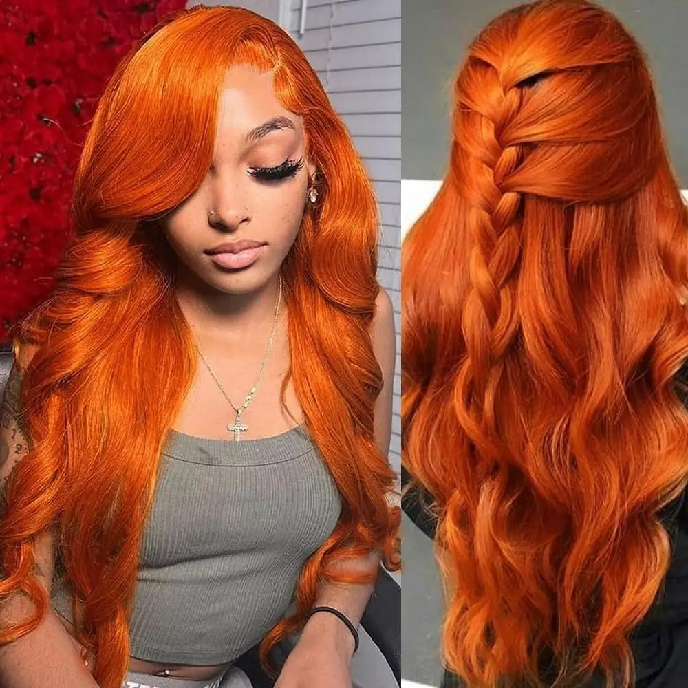 Ginger Orange Body Wave 13x6 Transparent Lace Front Wig Human Hair for Women #350 Colored Pre Plucked Natural Hairline 250%