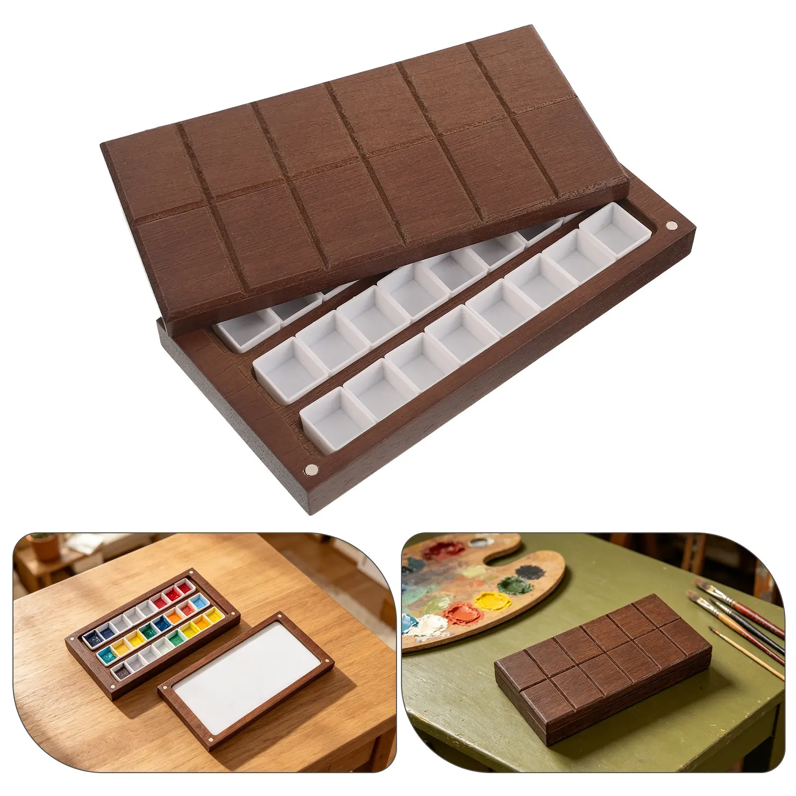 Wooden Watercolor Palette Box 24 Half Pans 2Ml Sturdy Portable Paint Mixing Tray Pigment Organizer for Artists Travel Drawing