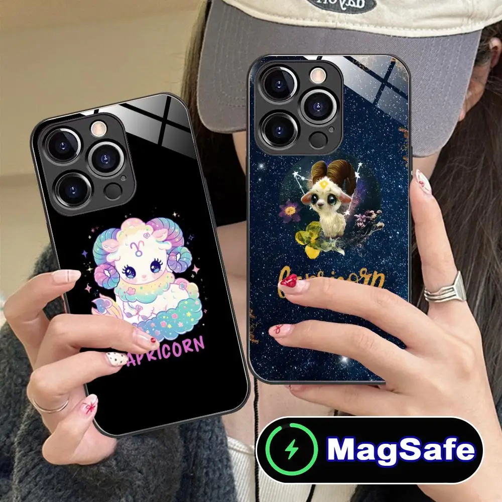 Casing Ponsel Zodiak Capricorn untuk iPhone 17 16 15 14 13 12 11 Pro Max Plus Mini MagSafe Kaca Warna-warni Penutup Cantik