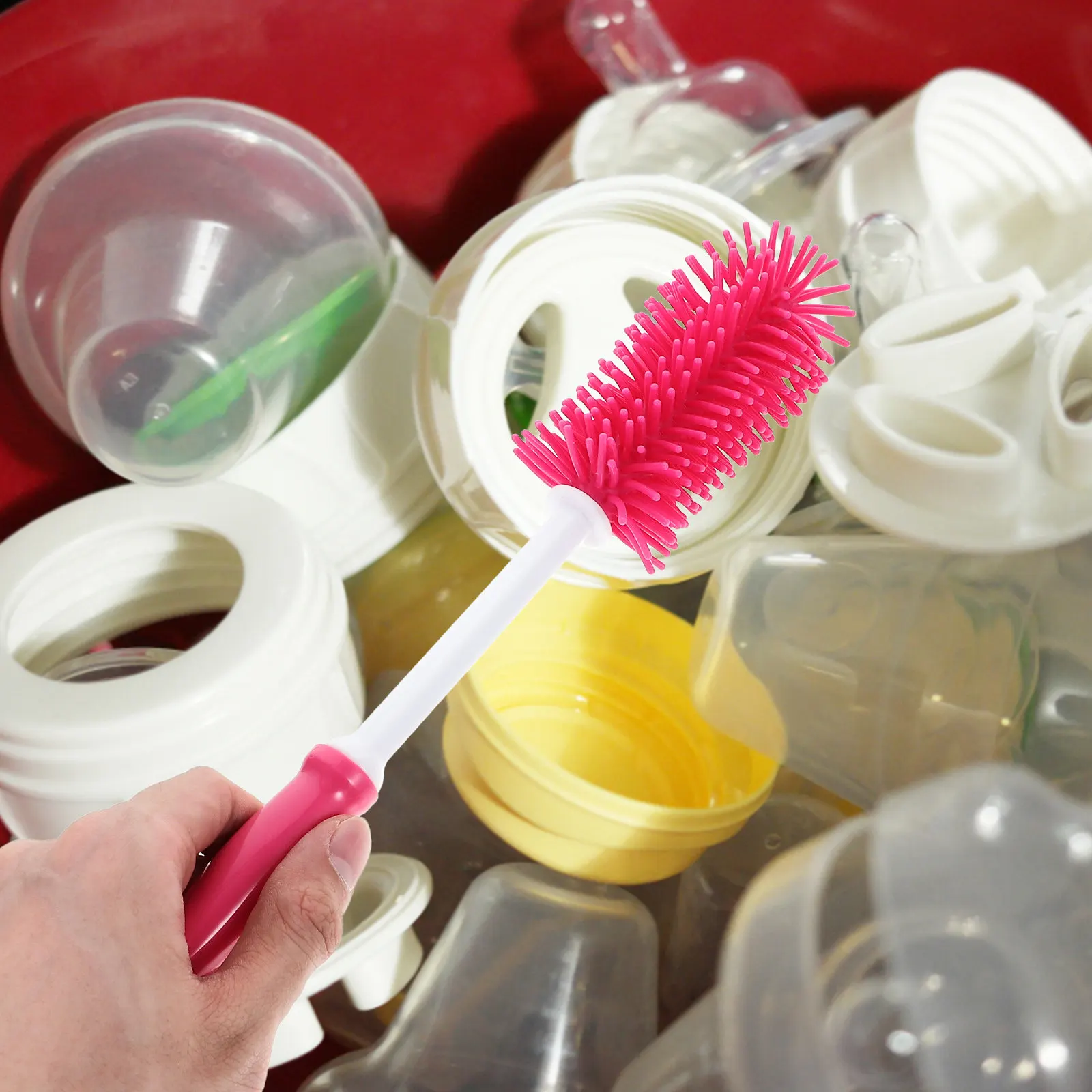 1Pcs Feeding-Bottle Brush Silicone Baby 360 Degrees Rotating Nursing Bottle Cleaning Tool Lightweight Handle Suction Red