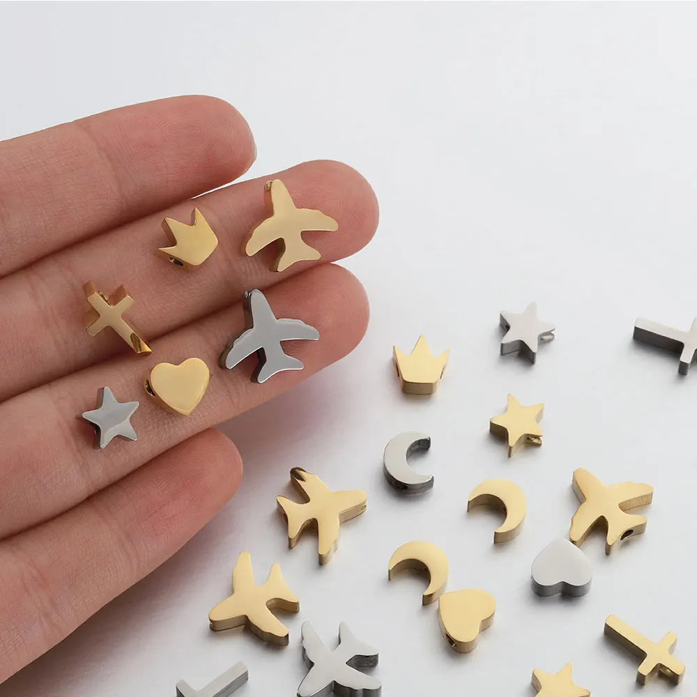 5pcs Stainless Steel Polish Heart Bracelet Beads Moon Star Airplane Spacer Beads DIY Jewelry Making Necklace Findings Wholesale