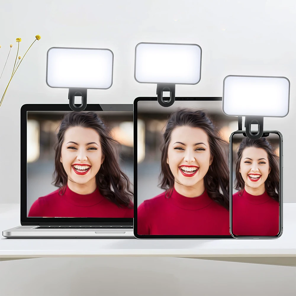 Mini Selfie Fill Light Rechargeable 3 Color Modes Adjustable Brightness Clip on Mobile Phones Computers Photography LED Lights