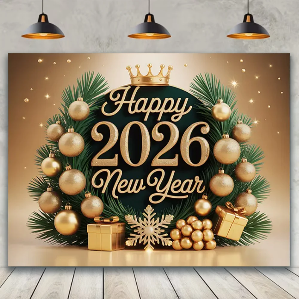 سنة جديدة سعيدة 2026 خلفية حفلة عائلية الديكور أنيقة تاج الشريط بالون التصوير الدعائم خلفية استحمام الطفل هدية