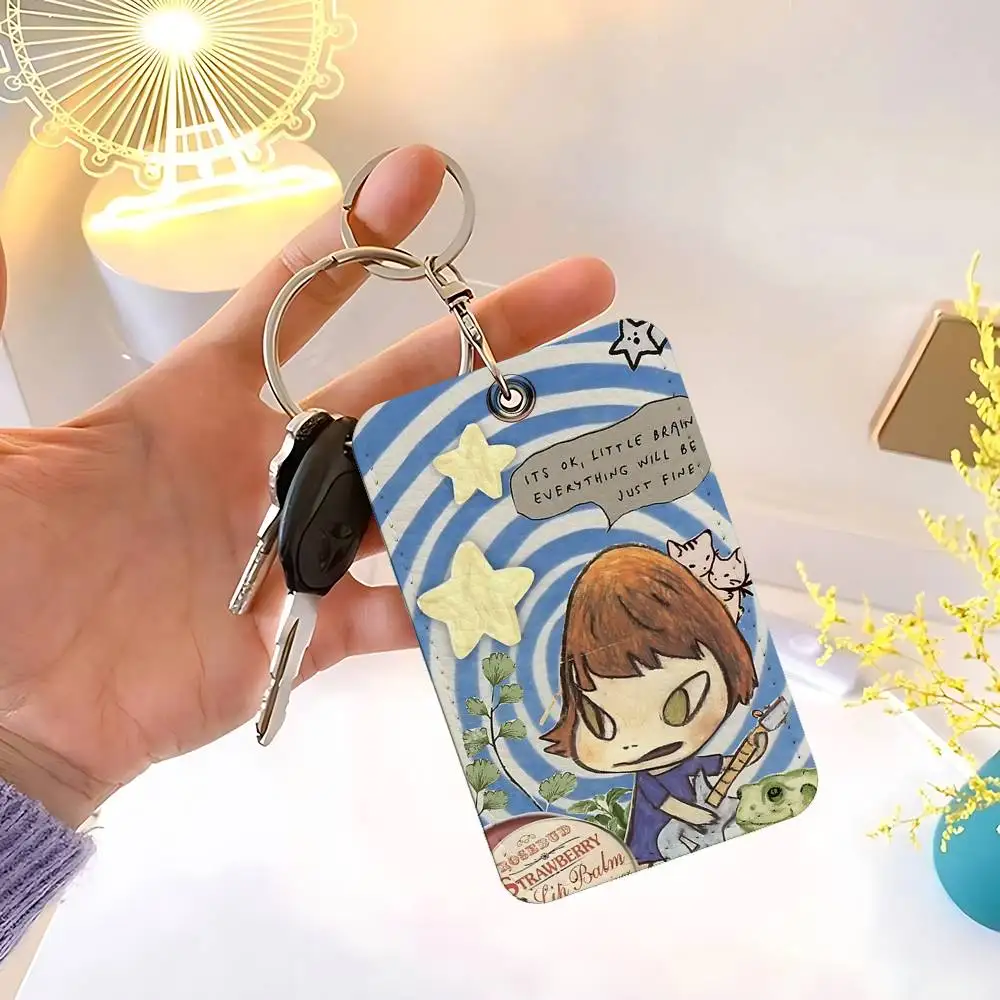 Yoshitomo N-Nara 長方形 ID カードケース キーホルダー アクセスカードバッグ キータグリング レザーカードホルダー キーリング アクセス