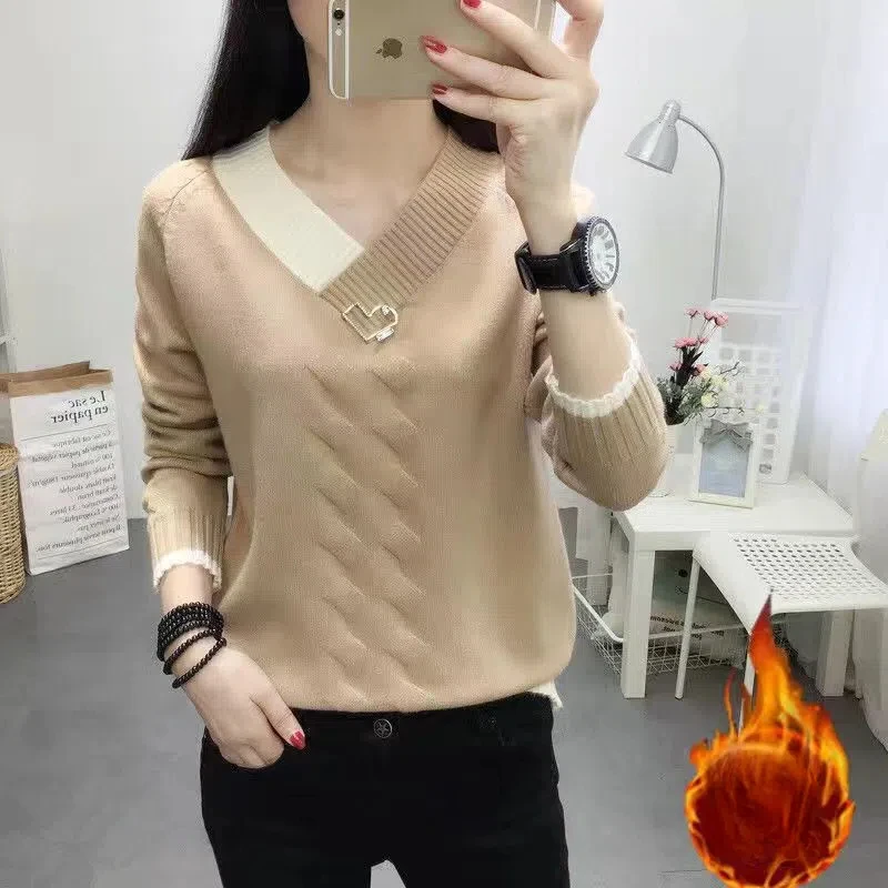 Autumn Winter Women\'s Clothing V-Neck Flocking Solid Color Sweater Knitted Elegant Pullover Fashionable Screw Thread Tops