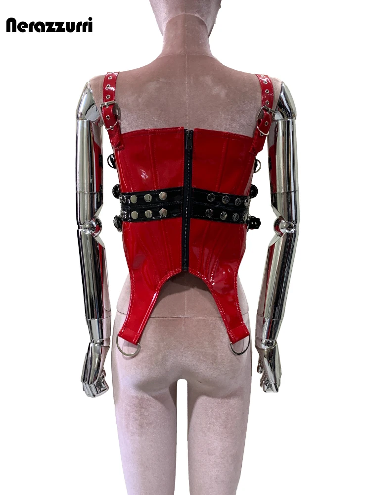 Nerazzurri Autumn Short Patchwork Shiny Reflective Pu Leather Y2K Tank Tops 2000s Women Punk Style Streetwear European Fashion