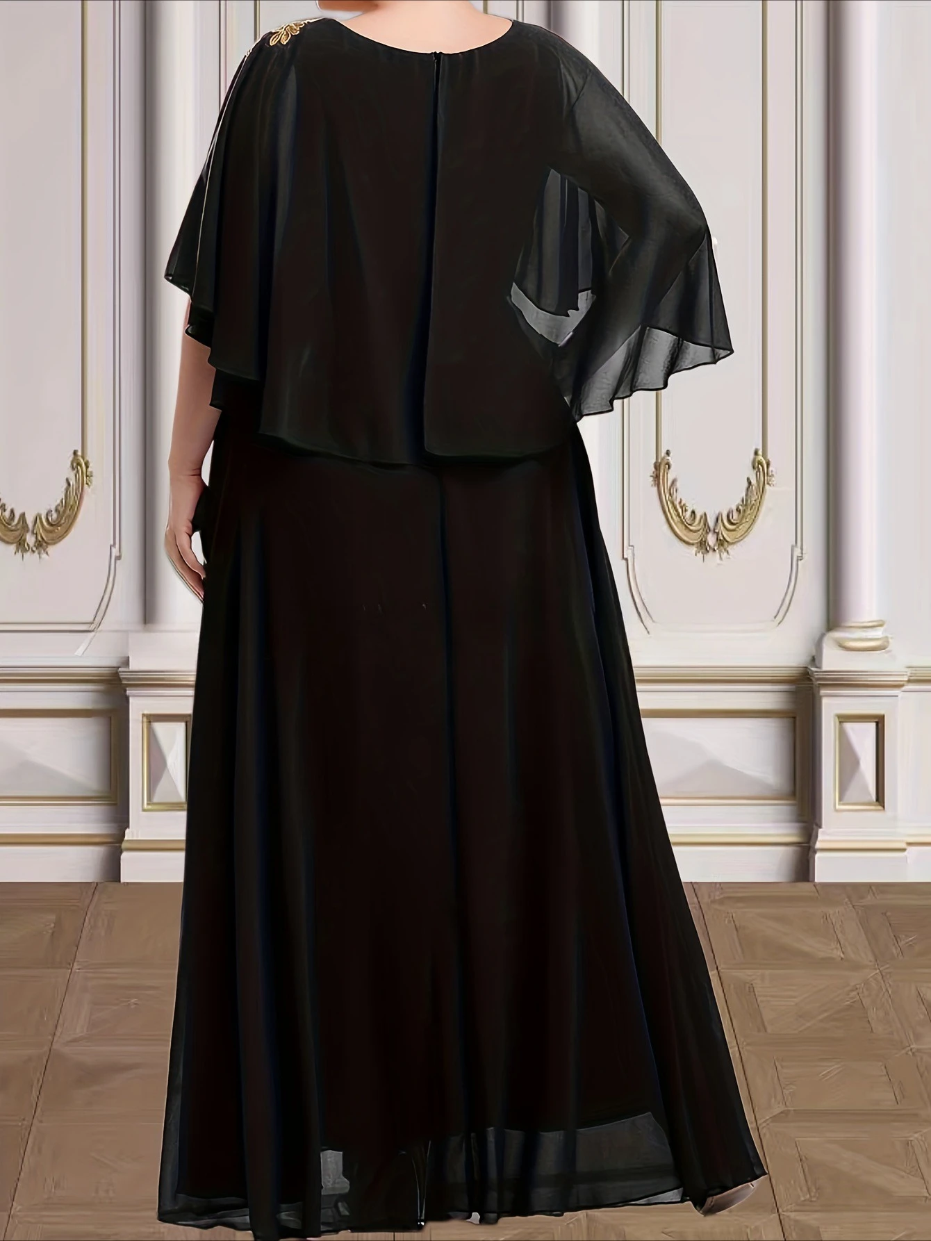 Elegant Round Neck Long Formal Evening Mother of Bride Plus Size Dress With Short Sleeves