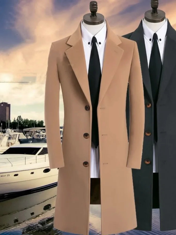 

Thiened Winter Men's Long Overcoat Knee-Length Trench Coat Sli Korean Version Woolen Coat Single Button Stand Collar