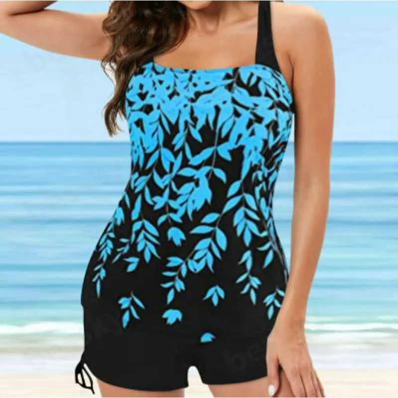 Plus Size Women's New Swimsuit Two Piece Bikini Fashion Printed Halter Top Shorts Summer Hot Trendy Beach Style Casual Swimwear