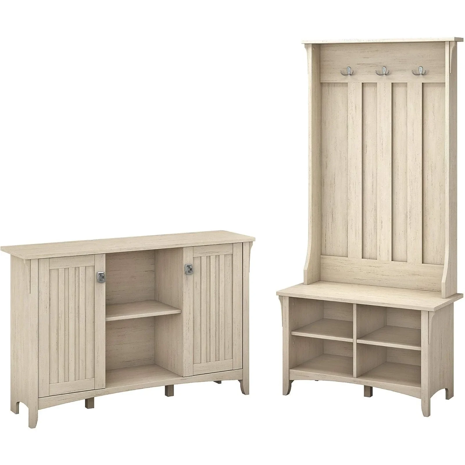 US Bush Furniture Salinas Entryway Storage Set with Hall Tree, Shoe Bench and Accent Cabinet in Antique White