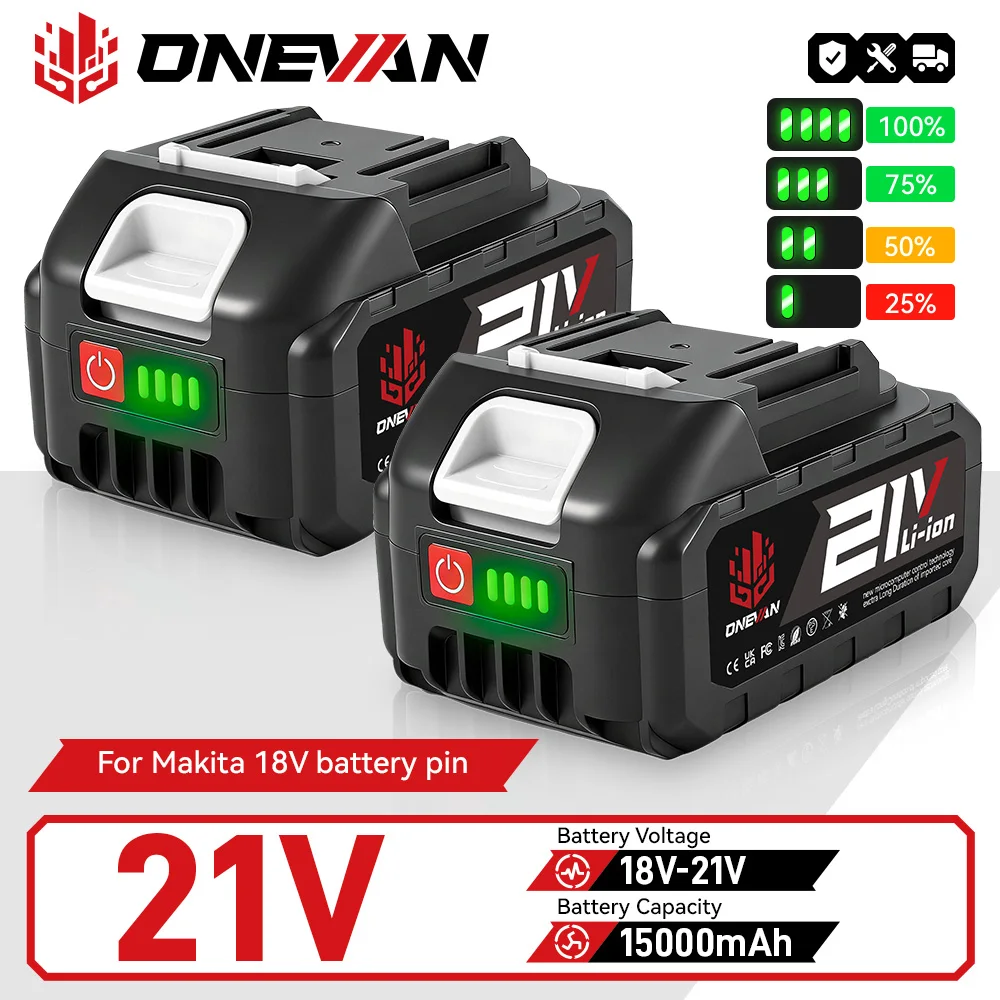 ONEVAN 15000mAh wiederaufladbarer Lithium-Ionen-Akku für 21V Elektroschrauber, Kettensäge, Bohrmaschine, Elektrowerkzeuge, kompatibel mit Makita 18V Akku.