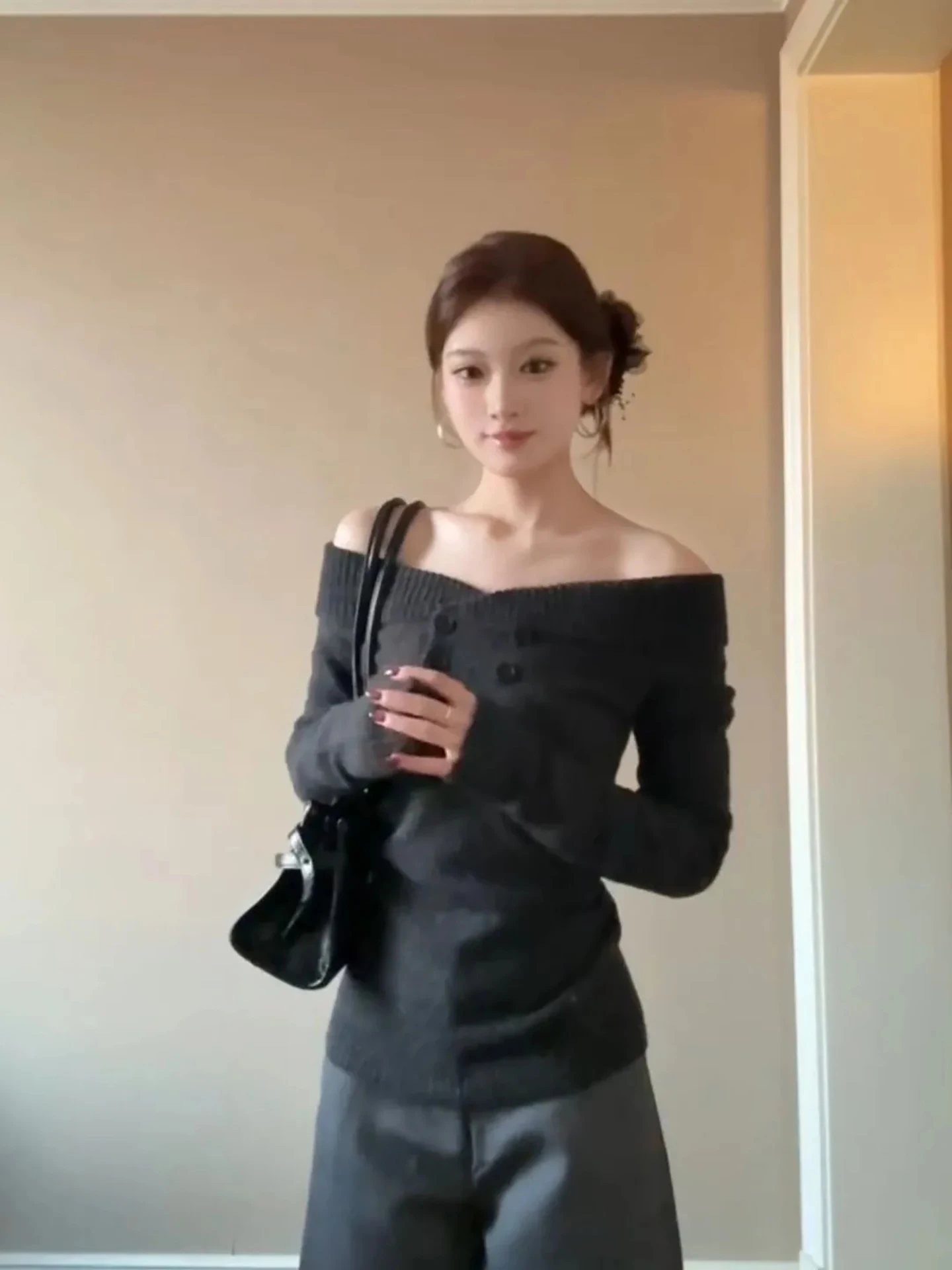 سترة نسائية محبوكة كسولة على الكتف ذات لون ناعم ومريح كوري شتوي أنيق طويل Sve irt للتنقل في الكلية... #3