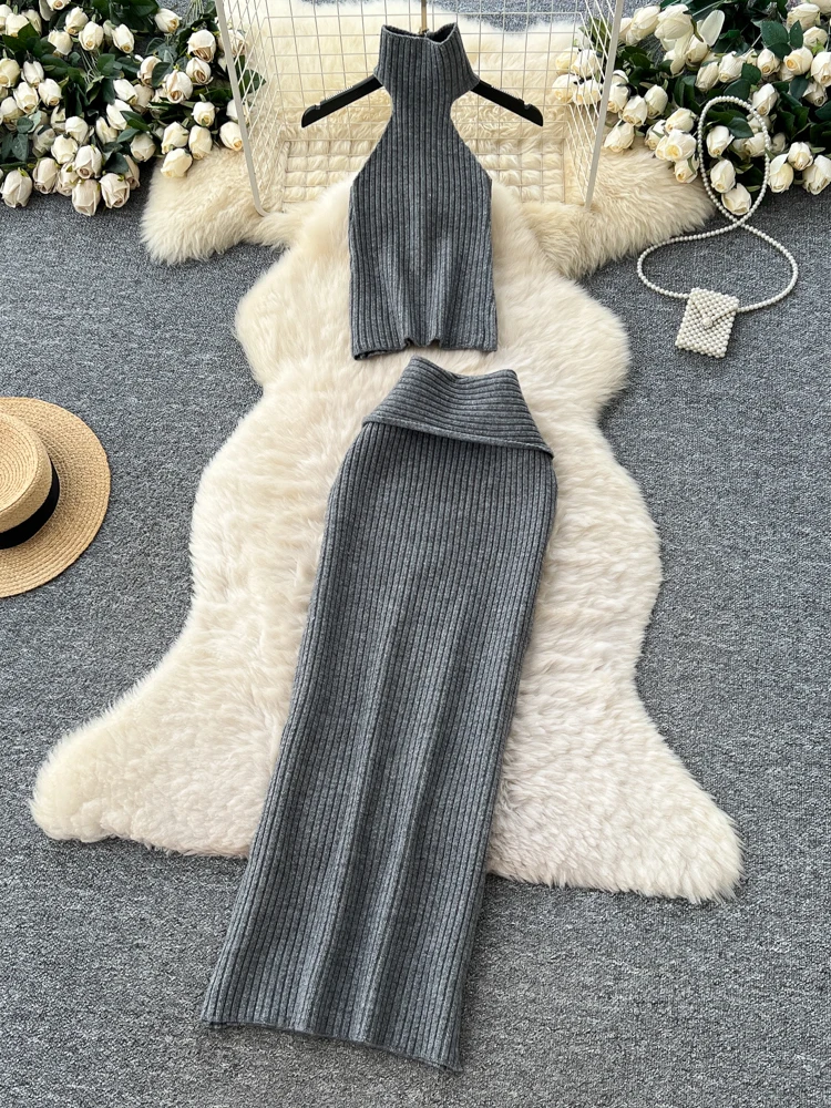 

Сексуальный вязаный жилет и юбка с высоким воротником, комплект из двух предметов для женщин, облегающий летний наряд с высокой талией