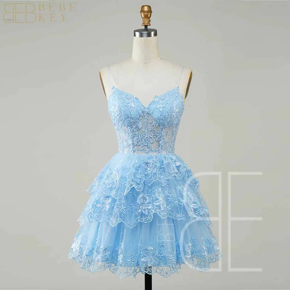 

Cute A Line Spaghetti Straps Blue Sparkly Corset Homecoming Dress Above Knee Prom Party Gown Formal Dress robe de soiree