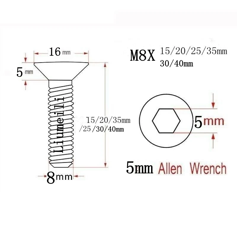 Liumeili Titanium Ti Bolt M8x15 20 25 30 35 40mm Allen Key Flat Countersunk Head Screw