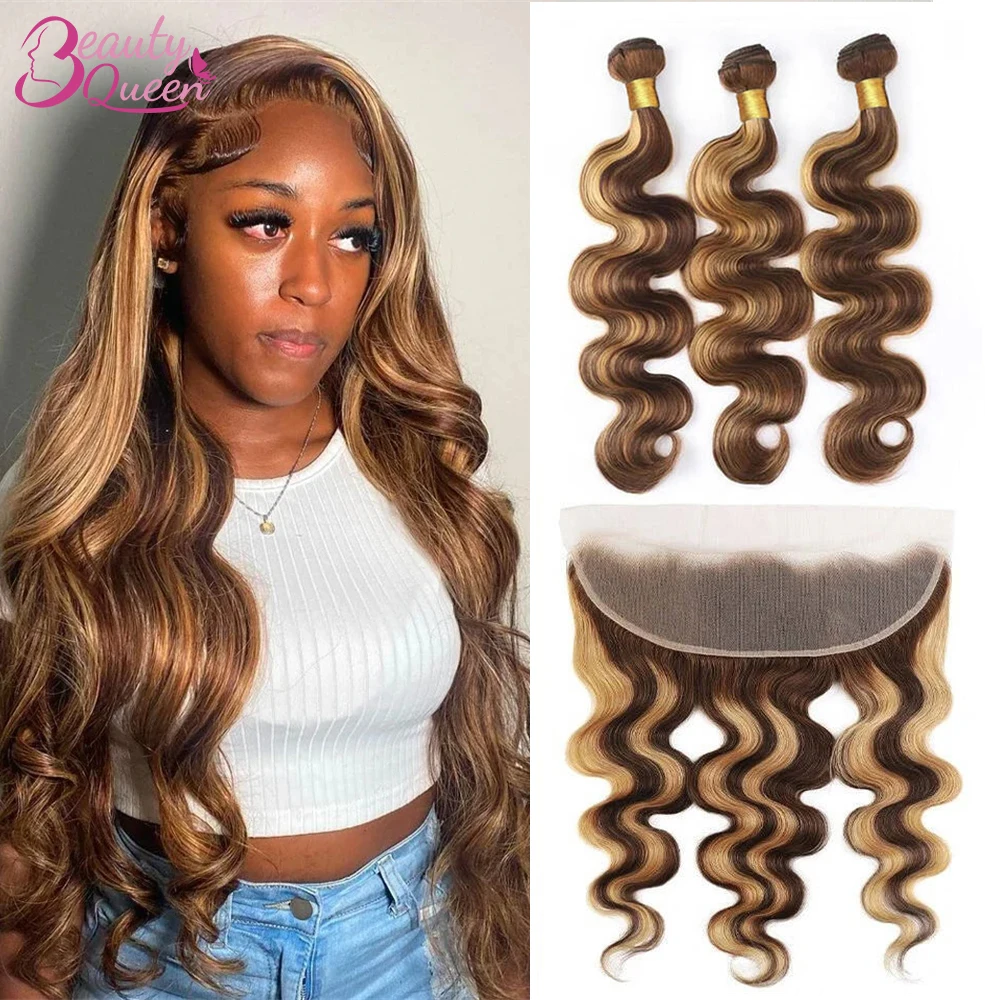 

Brown Highlight Body Wave Bundles With Frontal 13x4 Lace 100% Human Hair Weave 3 Bundles With Closure Ombre Blonde Human Hair