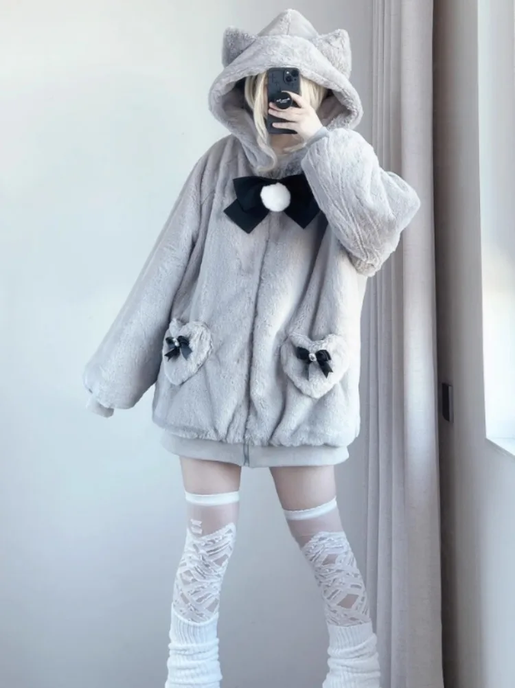 Japanese Kawaii Cat's Ears Hooded Loose Vintage Fluffy Pocket Cute Bow Coats Y2k Aesthetic Grunge Women Casual s