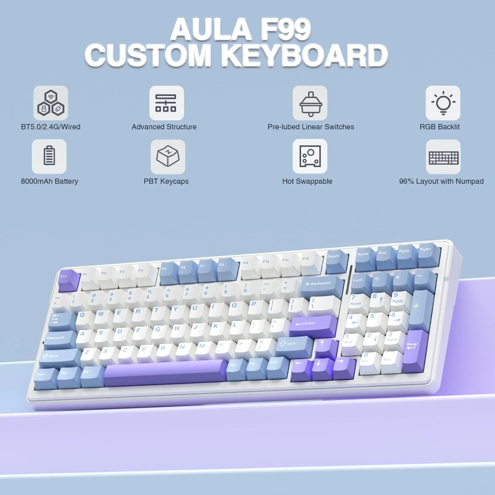 AULA F99 Pro Wireless Mechanical Keyboard 96% 99 Keys Numpad Gasket Hot Swap Pre-lubed Switch RGB Tri-Mode BT 2.4G 8000mAh