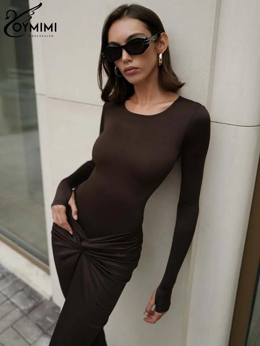 Oymimi Elegant Black O-Neck Dresses For Women Fashion New Slim Long Sleeve Solid Dresses Casual Slit Ankle-Length Skirts Sets