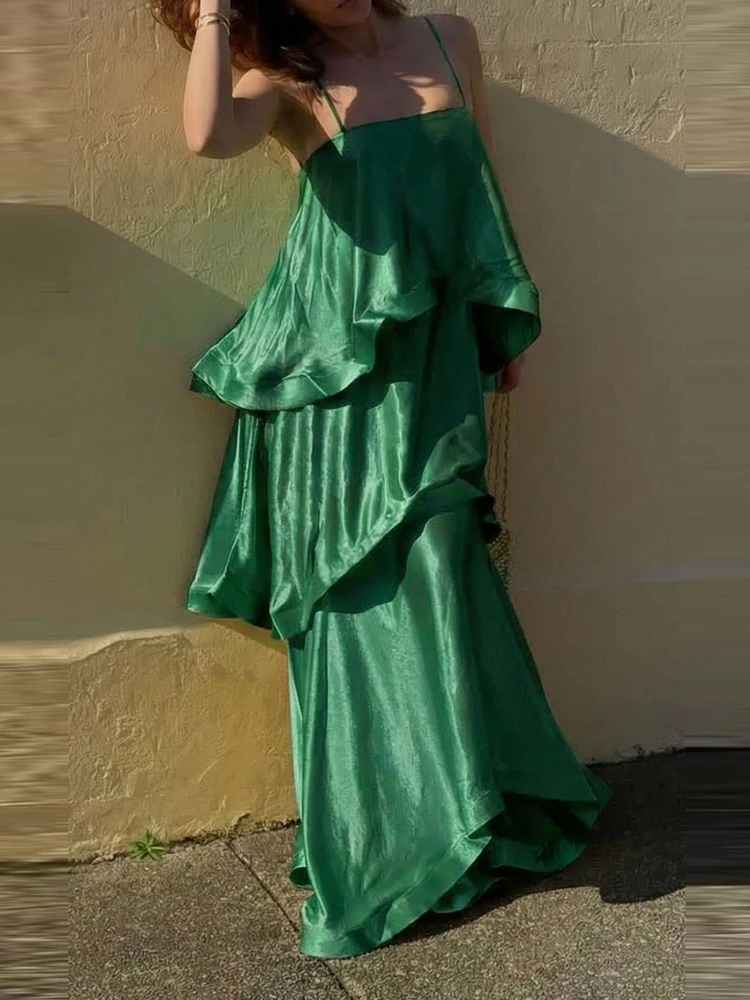 Lange elegante zomerjurk met schouderbandjes, gelaagd satijn, feestjurk, nieuw damesmodel, mouwloos, met uitsparingen, strandmaxi-jurk 2026