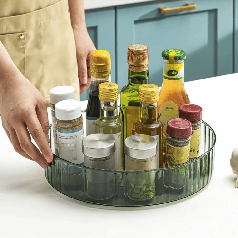Large Capacity 360 Degree Seasoning Rotating Tray Round Heightened Edge Bathroom Storage Shelf Plastic Turntable Spice Rack
