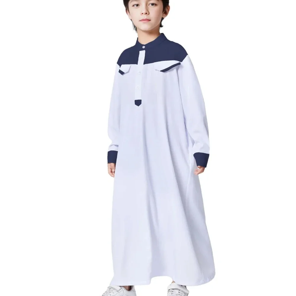 

Middle East Dubai Turkey Boys Robe Door Cylinder Patchwork Stand Collar Button Robe Casual Boys Long Sleeve Thobe Abaya Clothing