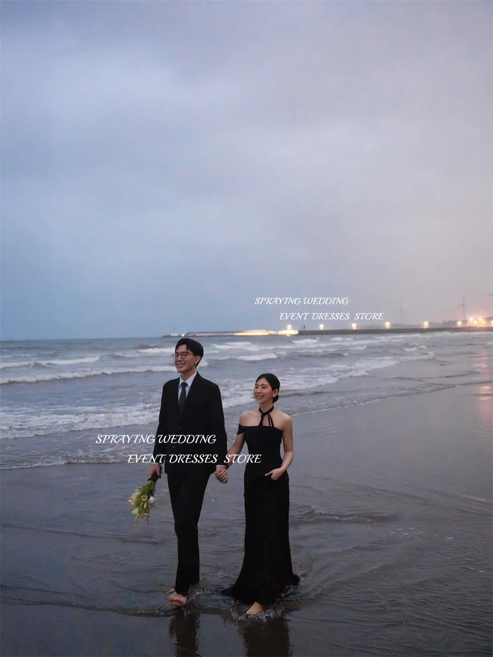 SPRAYING Elegant Black Evening Dress Korea Wedding Photo Shoot One Shoulder A line Floor Length Party Dress Corset Customized