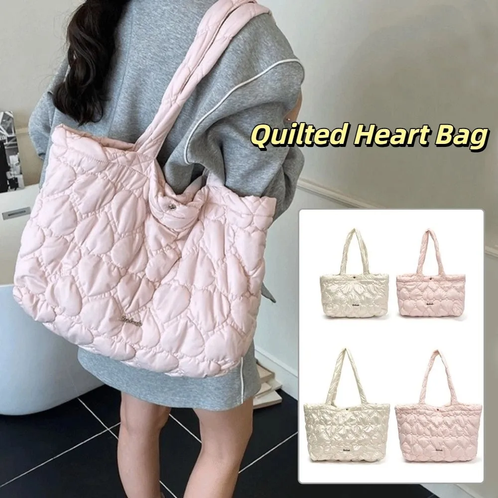 

Casual Solid Color Puffy Tote Bag Large Capacity Korean Quilted Heart Bag Waterproof Leisure Women's Handbag Shoulder Bag