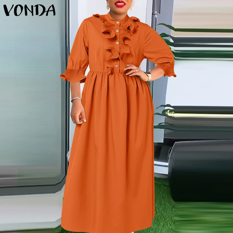 

VONDA плюс размер богемное длинное платье макси женское однотонное вечернее платье с расклешенными рукавами и рюшами повседневное свободное праздничное платье большого размера 5XL