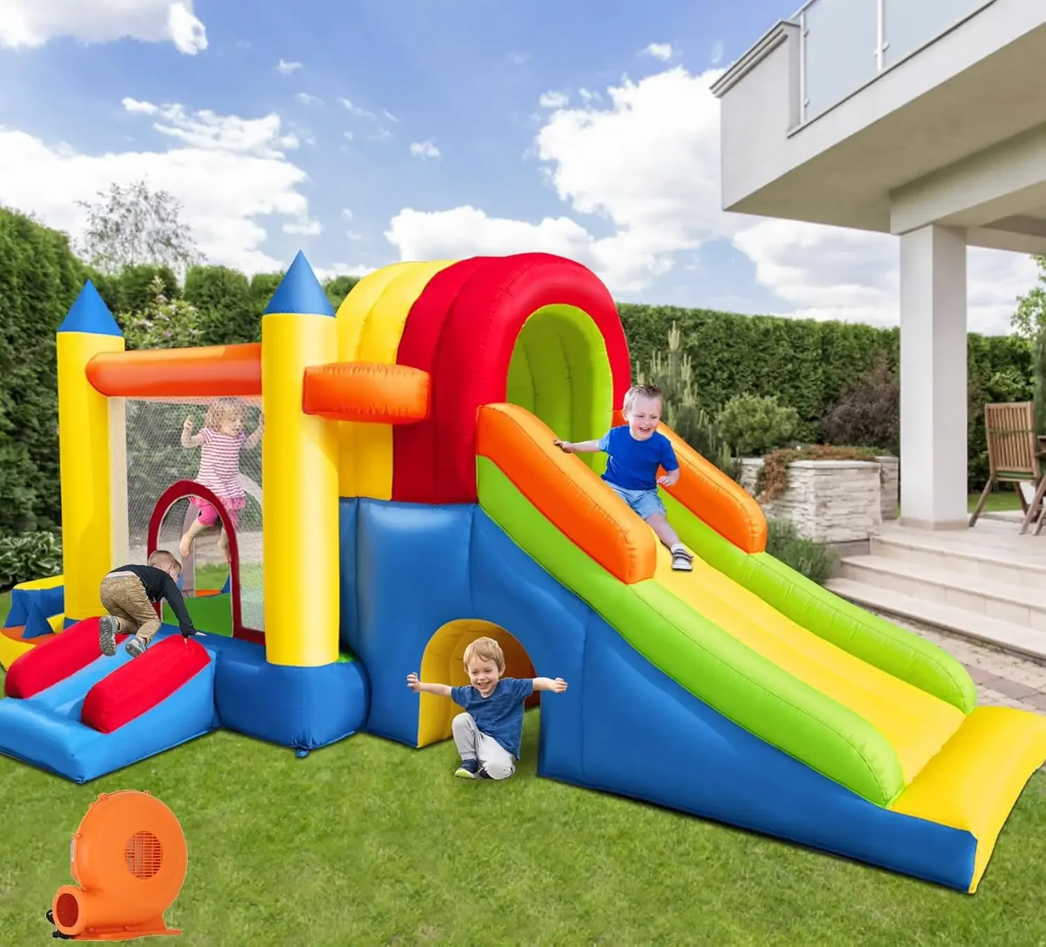 Inflatable Bounce House, 8 in 1 Large Bounce Castle with Blower for Kids and Toddlers, Outdoor Indoor Backyard Inflatable Bounce