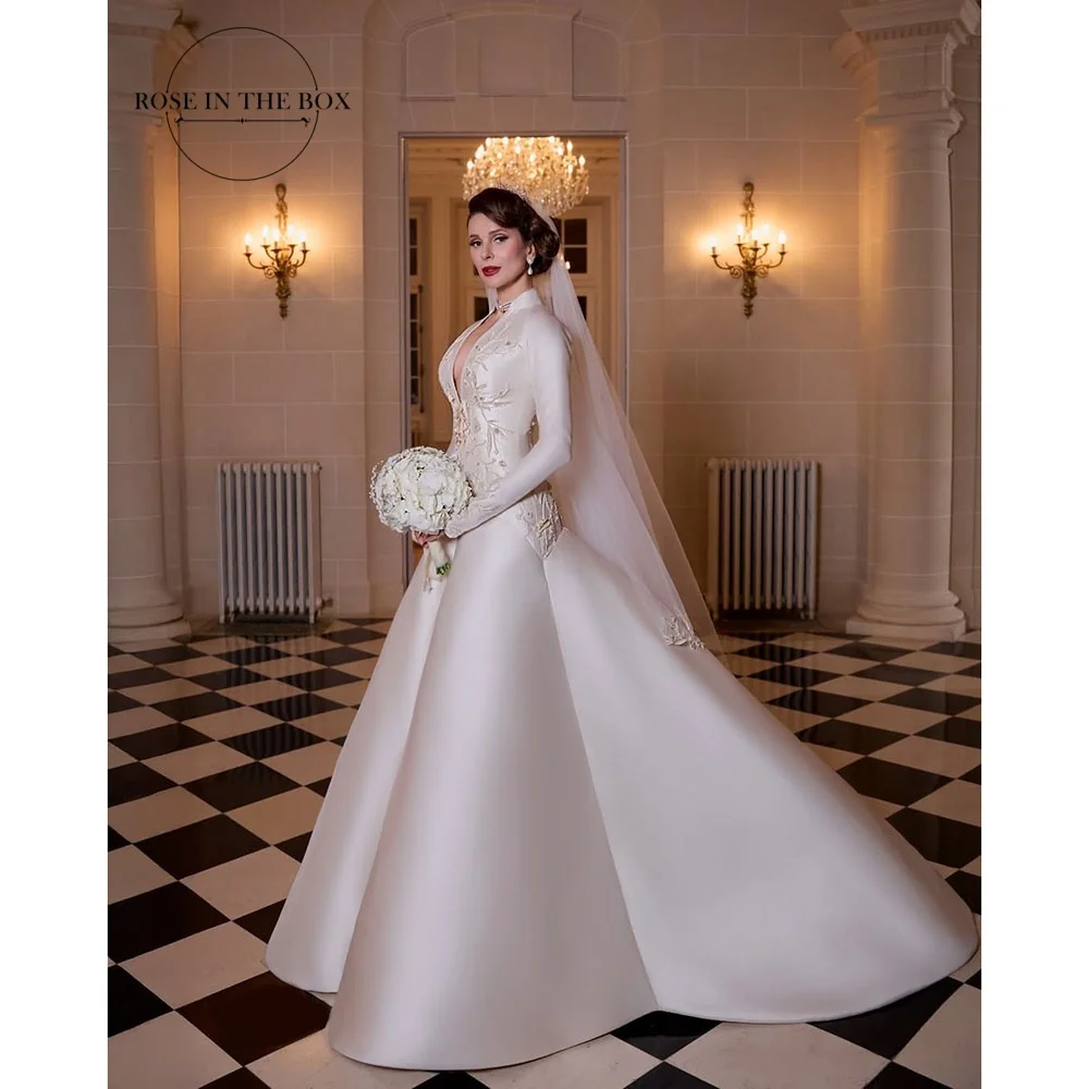 ROSEINBOX Ivory Satin Wedding Dresses 2026 Lace Embroidery with Veil Long Sleeve vestidos de novia Deep V-neck Bridal Gowns