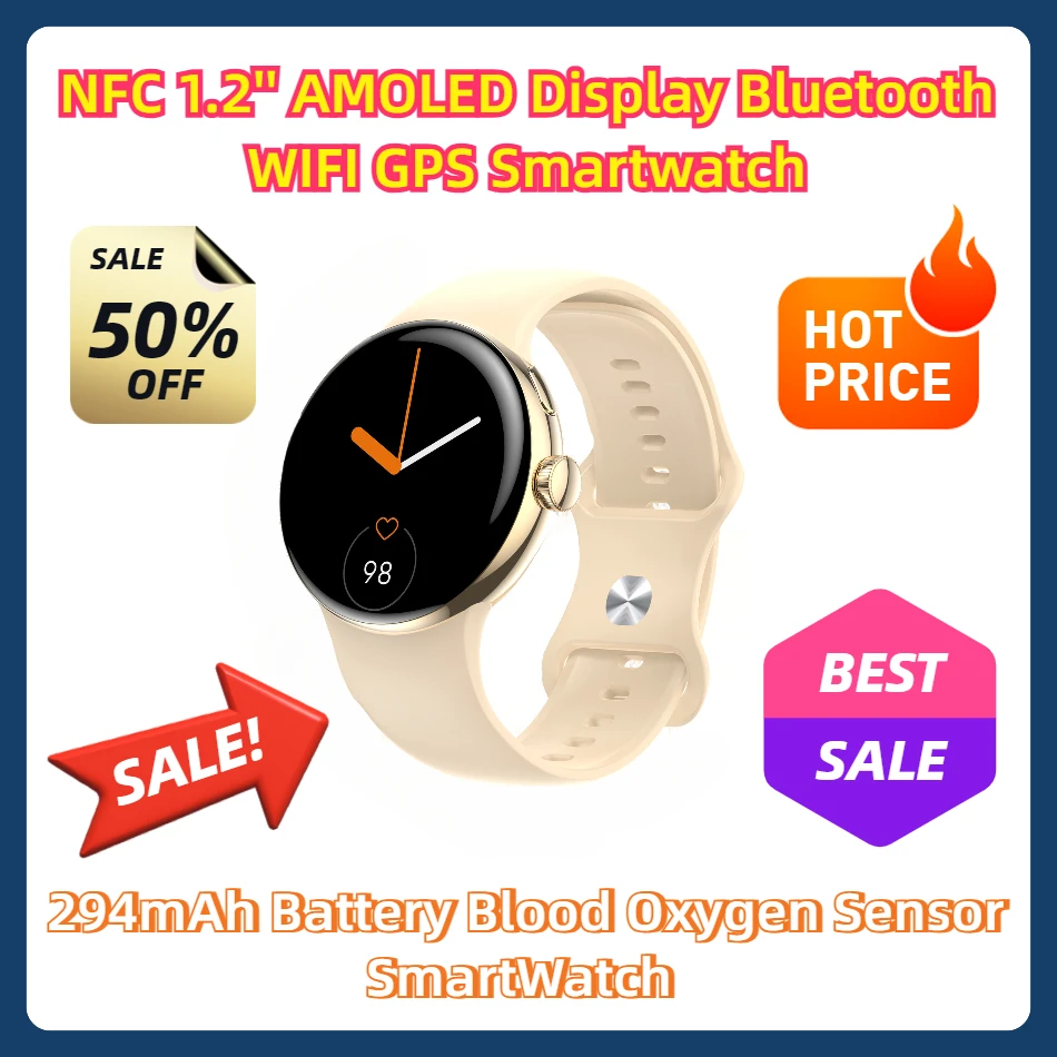 

NFC 1,2-дюймовый AMOLED-дисплей Bluetooth WIFI GPS SmartWatch Аккумулятор 294 мАч Датчик кислорода в крови SmartWatch