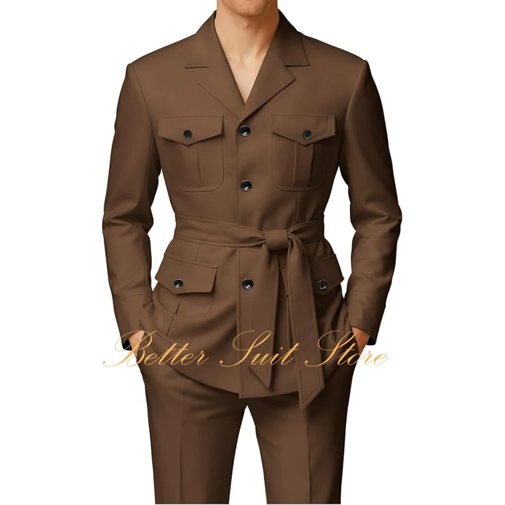 

2 Piece Suits for Men Slim Fit Men's Chinese Suit Single Breasted Vintage Suit Multi-Pocket Blazer Pants Set Men Suits